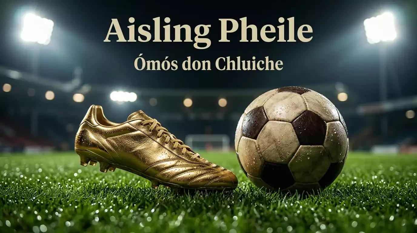 Bróg sacair óir agus liathróid ar an bpáirc faoi sholas — léiriú ar mhargadh na Bróg Óir