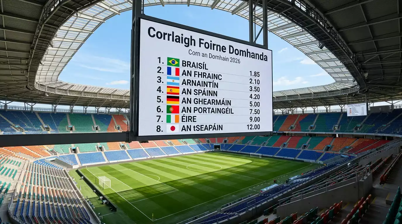 Scórchlár digiteach le bratacha náisiúnta agus corrlaigh codánacha ar chúlra staidiam sacair