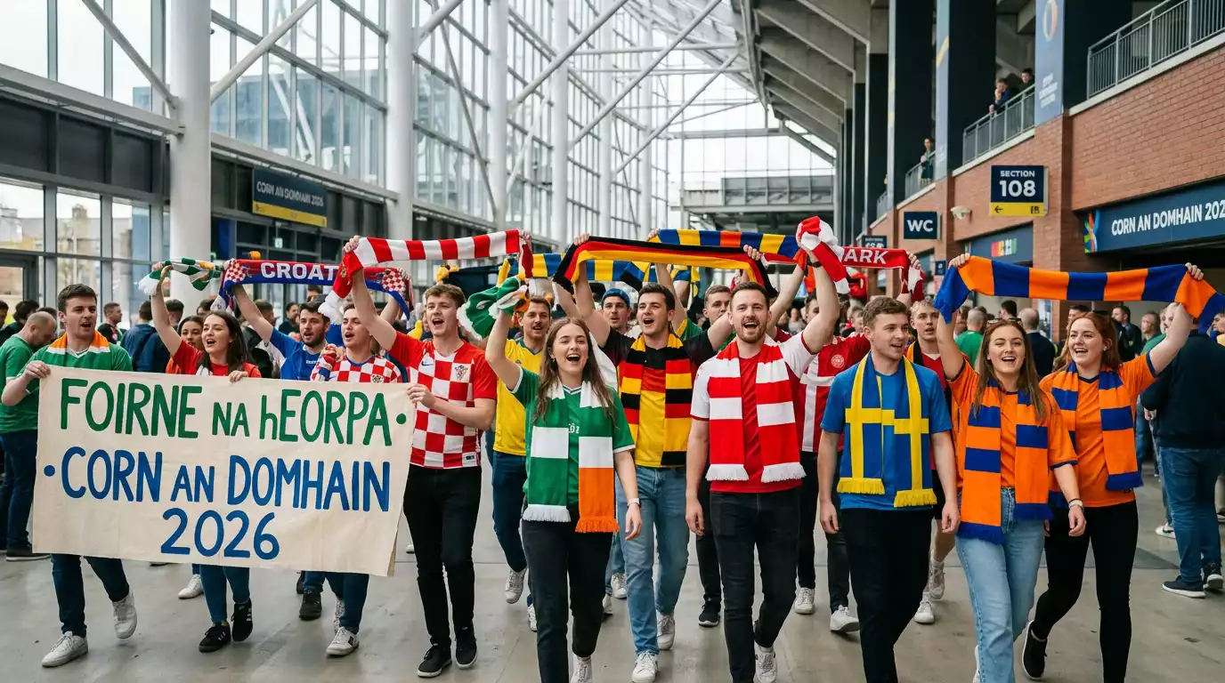 Foirne Eorpacha ag Corn an Domhain 2026 le corrlaigh agus grúpaí