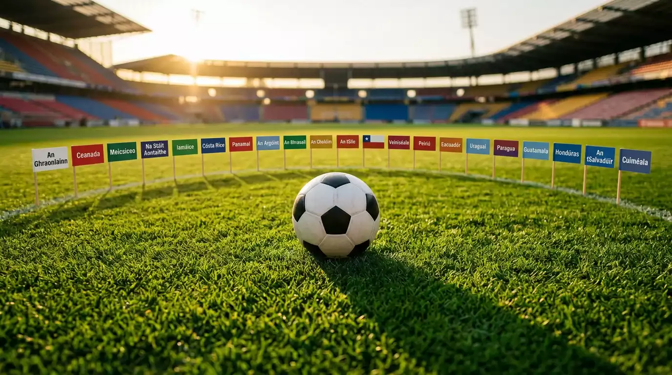 Liathróid sacair oifigiúil ar pháirc féir le bratacha 48 náisiún i gcúlra staidiam