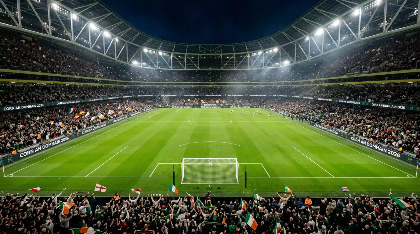 Staidiam sacair le slua ag Corn an Domhain 2026