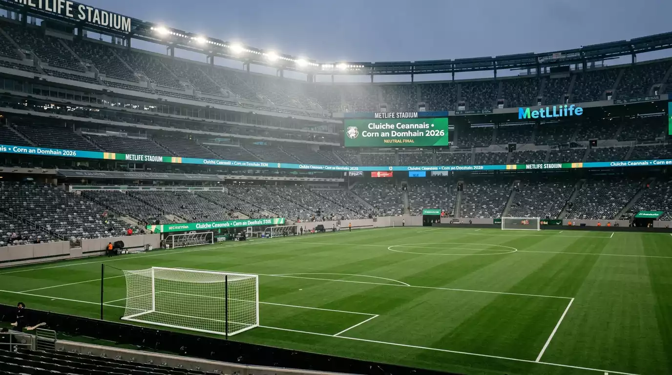 MetLife Stadium i Nua-Eabhrac Nua-Sheirsí do chluiche ceannais Corn an Domhain 2026